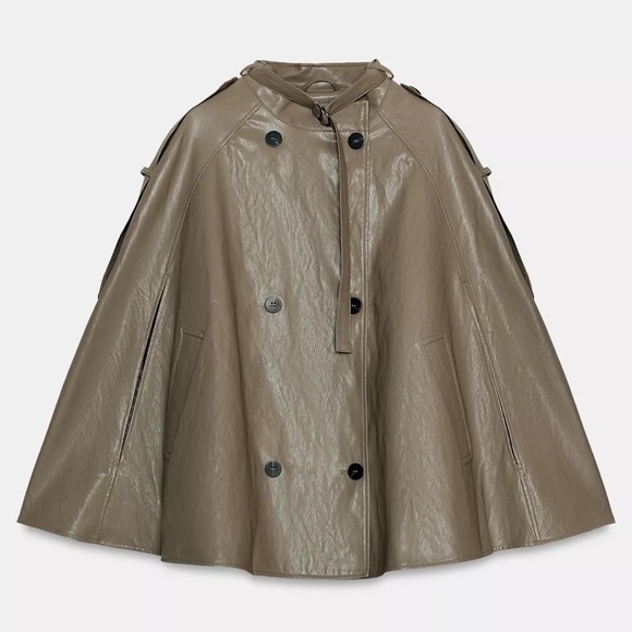 ZARA ZW COLLECTION FAUX LEATHER CAPE JACKET - Picture 7 of 11